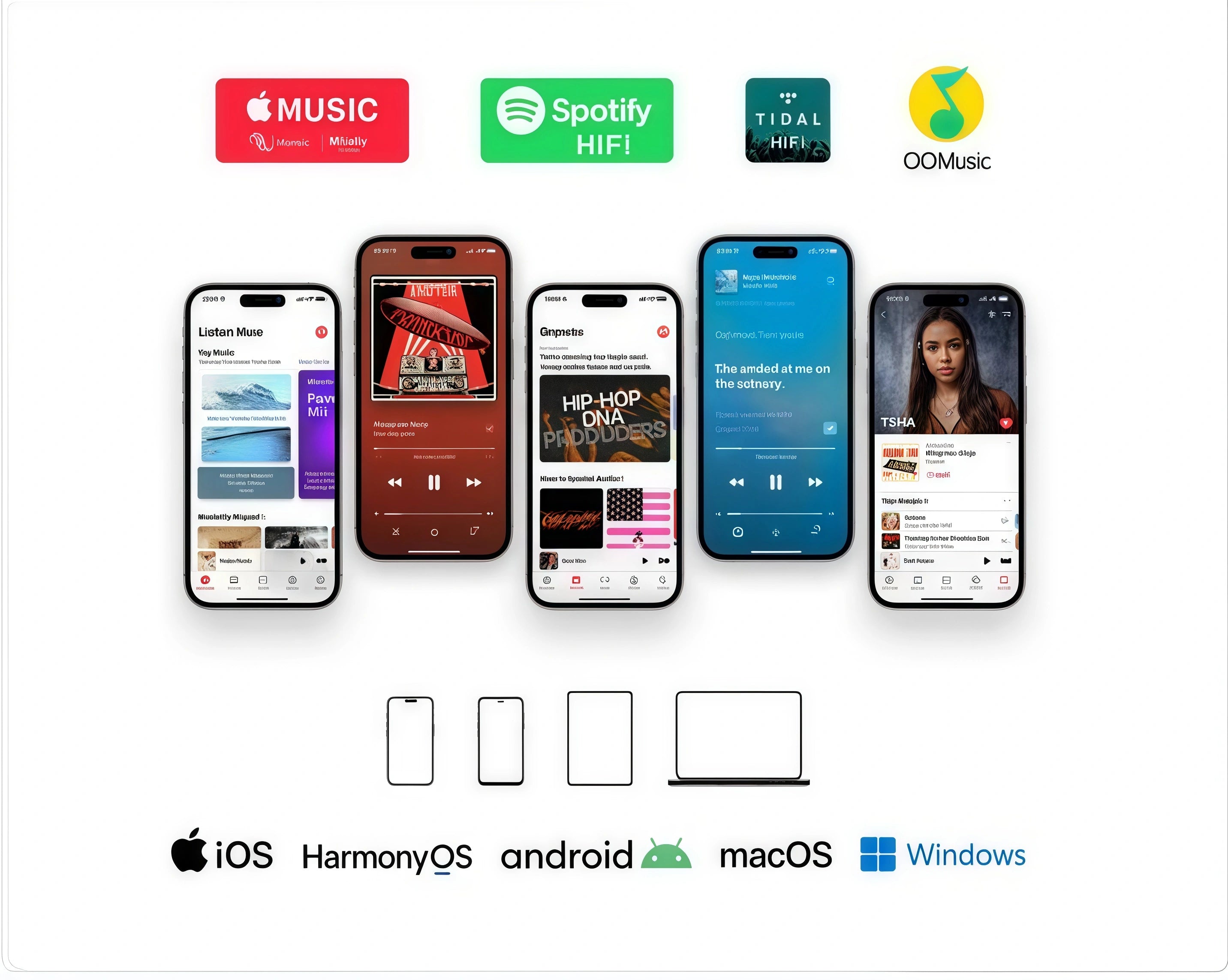 Music streaming apps Apple Music, Spotify HiFi, Tidal HiFi, QQMusic shown on smartphones, compatible with iOS, HarmonyOS, Android, macOS, and Windows.