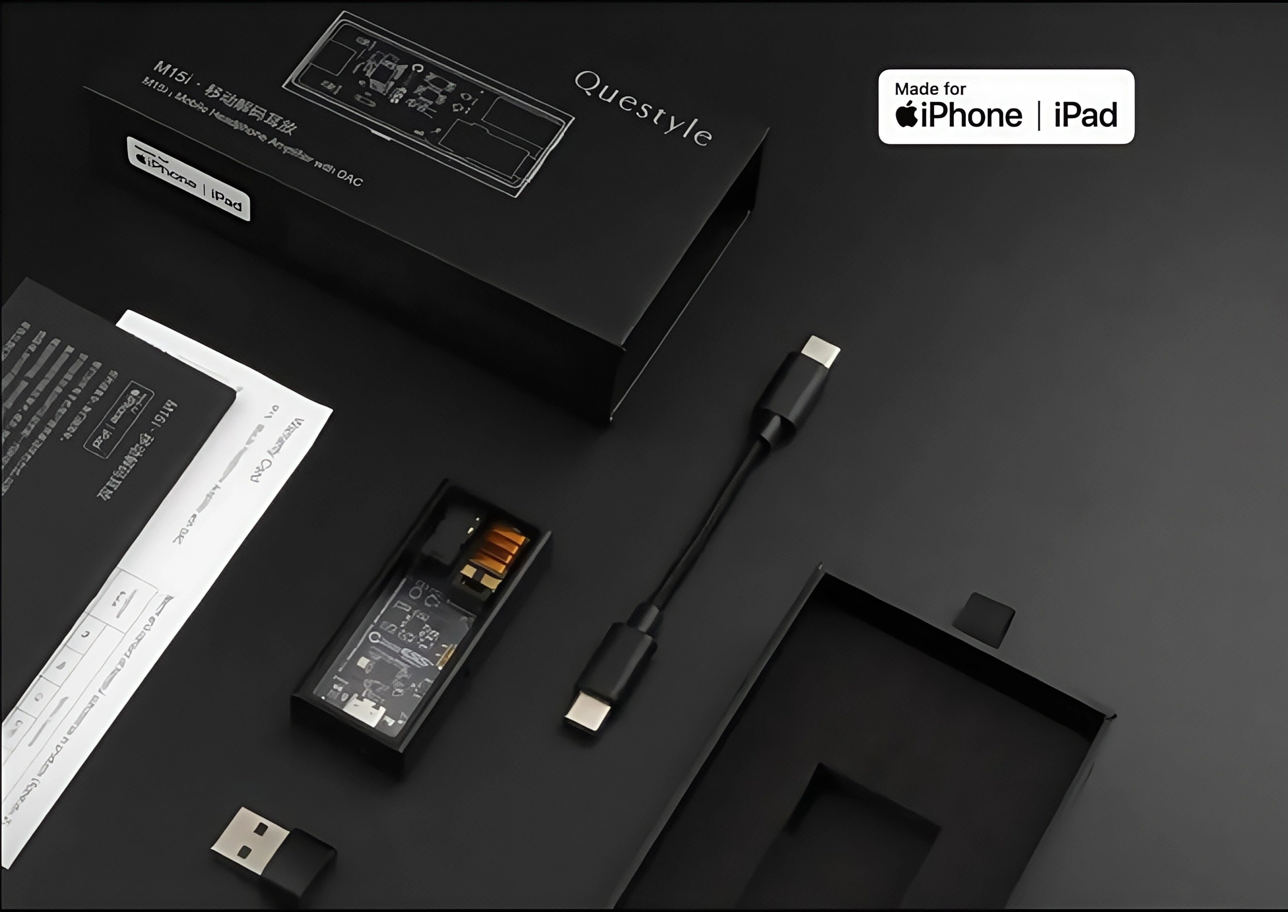 Questyle M15i portable DAC headphone amplifier unboxing with accessories including USB-C cable and manuals, made for iPhone and iPad.