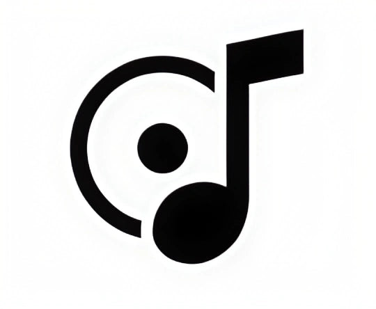 Stylized black music note logo with a circular design.