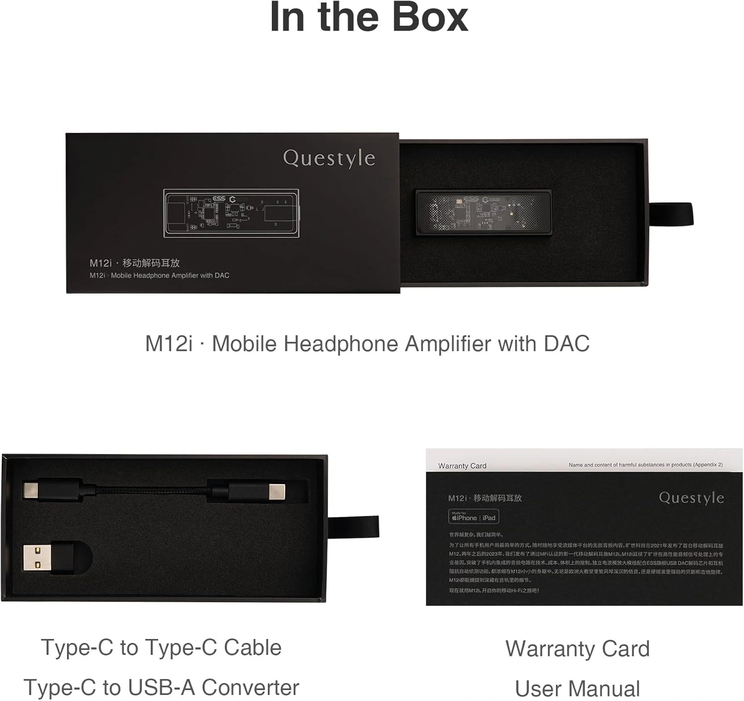 black unit, Type-C cable, USB-A adapter, manuals
