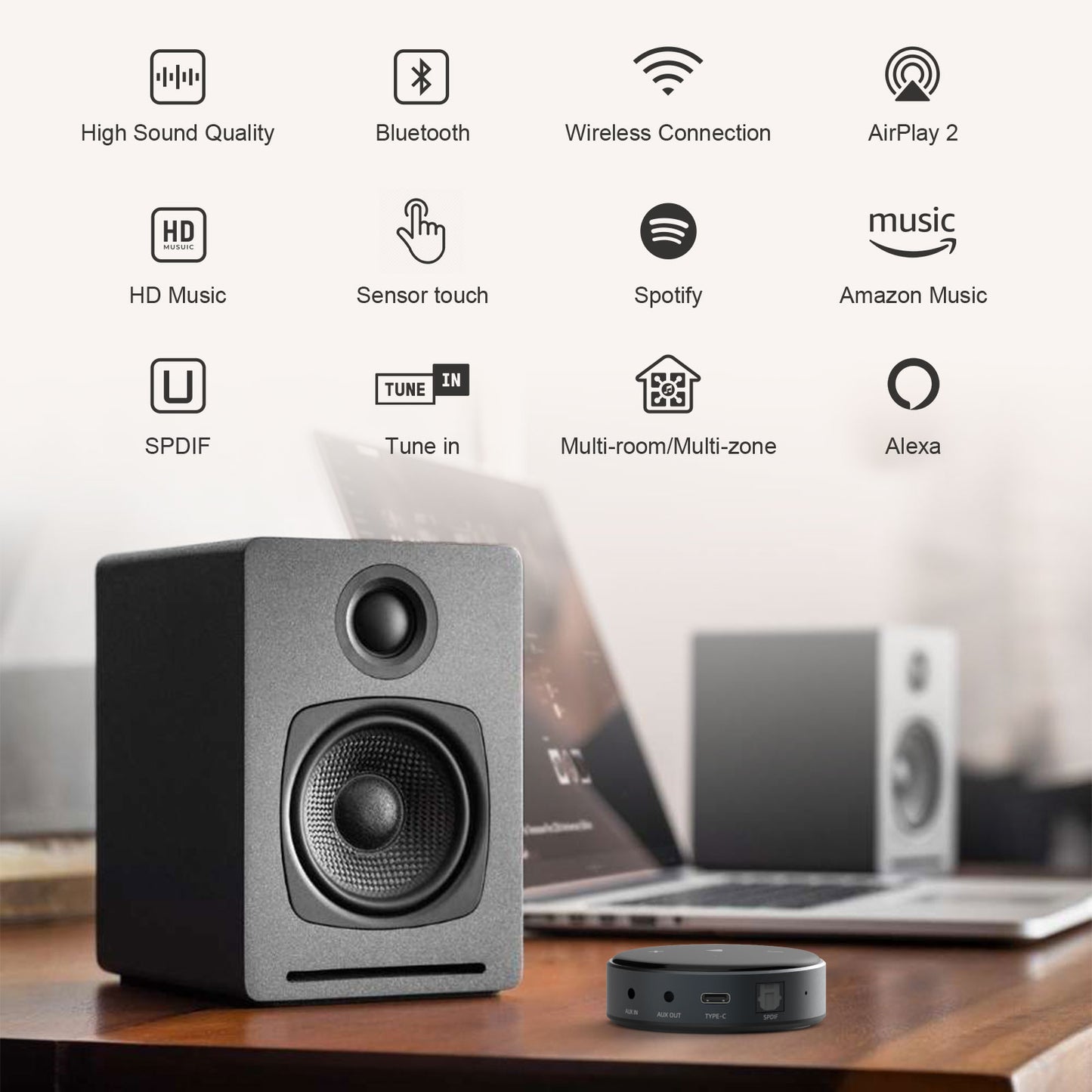 Wiim Mini WiFi & Bluetooth Receiver 5.2 Wireless Auido Multiroom Airplay 2 Music Streamer Within Spotify/Tidal Connect