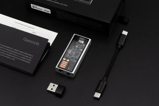 compact transparent DAC/amp, USB-C cable, adapter