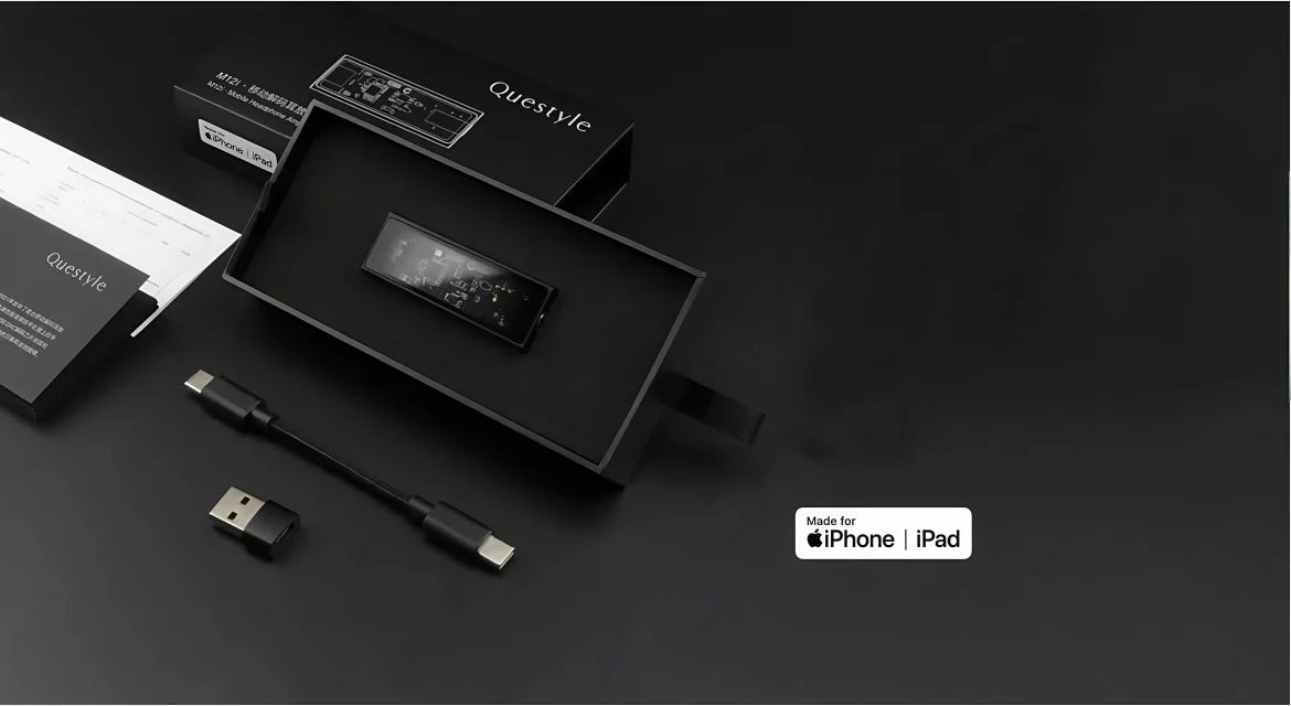 Questyle M12i mobile headphone amplifier with DAC full package, including device, USB-C cable, USB adapter, documents and box.